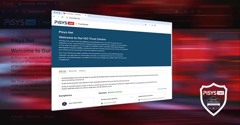 ISO 27001 Managed Service Provider website page on an abstract red toned background